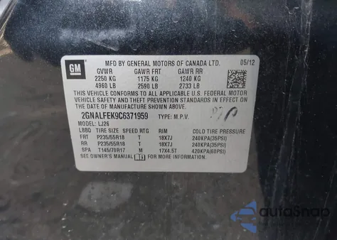 2012 Chevrolet Equinox Ltz from USA, damaged, VIN 2GNALFEK9C6371959